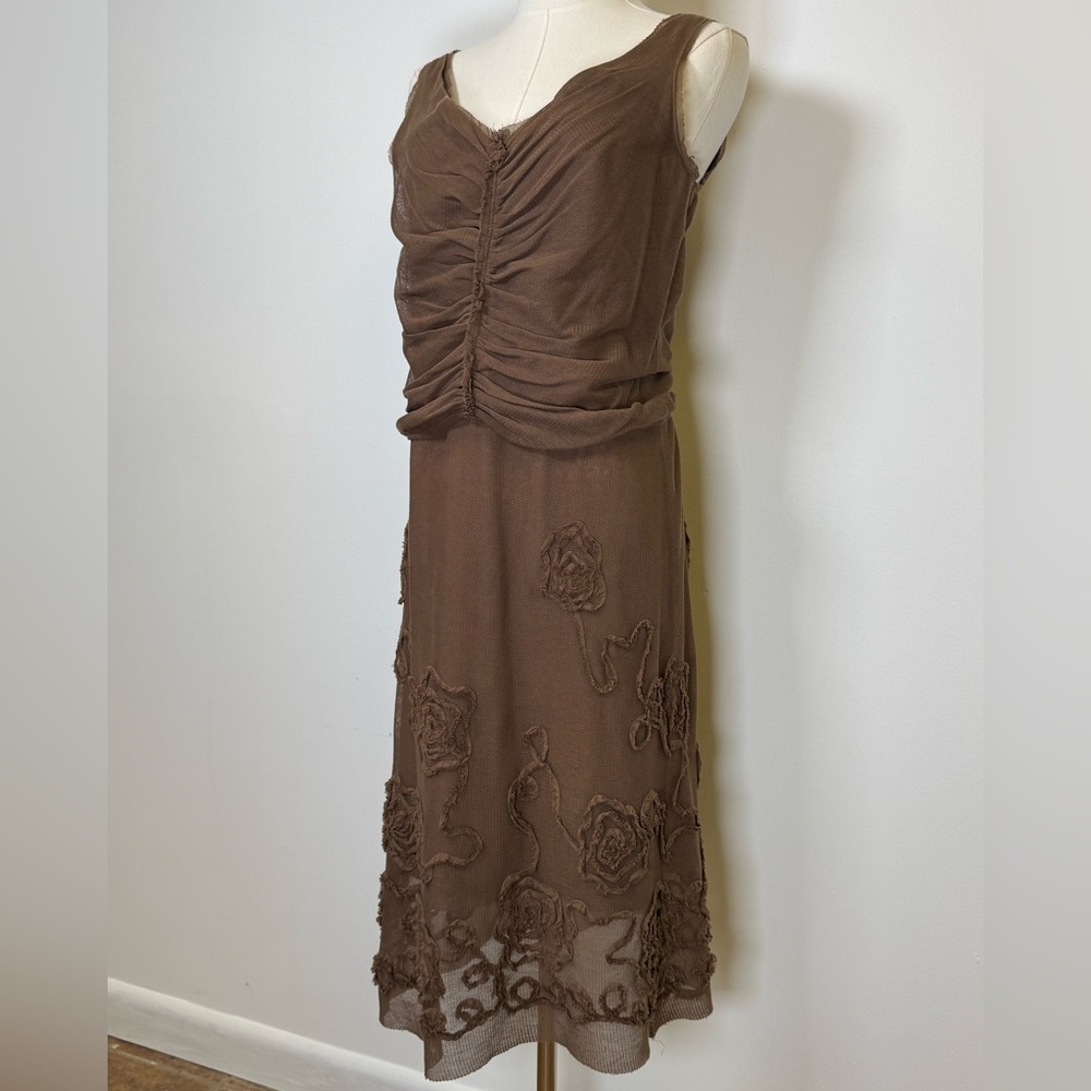 Max Studio Y2K Sleeveless Ruched Floral Appliqué Brown Midi Dress Women’s  XS - Picture 5 of 14